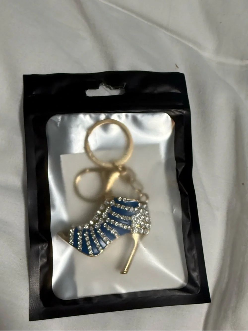 Keychain/Bag Charm Gold tone accents on a a blue heel shoe with rhinestones!